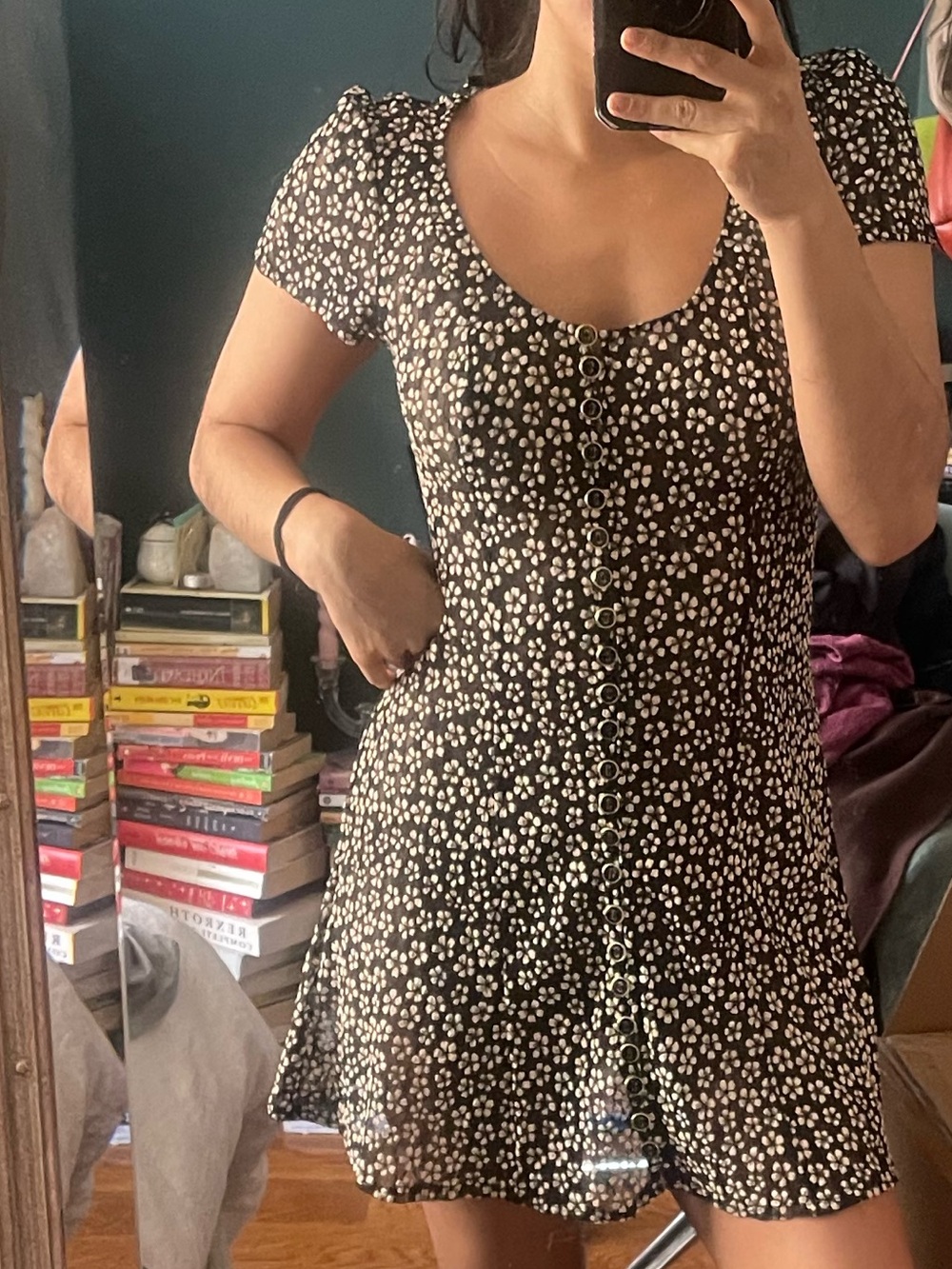 Urban Outfitters Black and White Button-Front Floral Mini Lace Dress